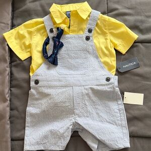 Nautica Yellow Shirt with Striped Overalls and Bow Tie
